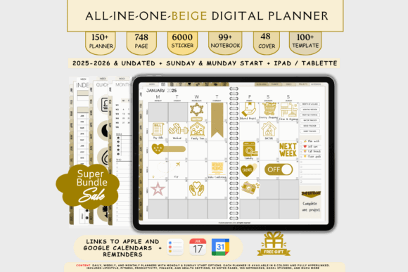 15 Best Digital Planner Templates for Goodnotes in 2026 9 Beige all-in-one digital planner with stickers and calendar layout for 2025-2026.