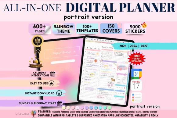 10 Best Digital Planner Templates for iPad Users 2 Colorful all-in-one digital planner template for iPad with various features and sections displayed.