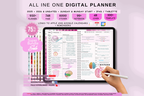 10 Best Aesthetic Digital Planner Templates for Goodnotes 10 All-in-One Digital Planner layout with colorful sections and stickers for organization.