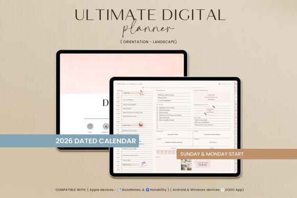 10 Best Aesthetic Digital Planner Templates for Goodnotes 5 Landscape digital planner template with dated calendar for 2026 and layout options for Sunday and Monday starts.