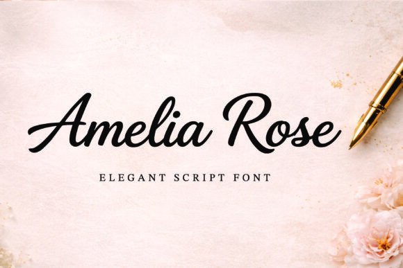 16 Soft Aesthetic Fonts: Beautiful Picks for Feminine Designs 18 Amelia Rose elegant script font displayed on a textured background with a pen and flowers.