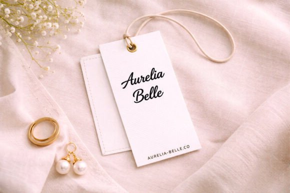 16 Soft Aesthetic Fonts: Beautiful Picks for Feminine Designs 19 Elegant tag with the name 'Aurelia Belle' in a soft aesthetic font on a light fabric background.