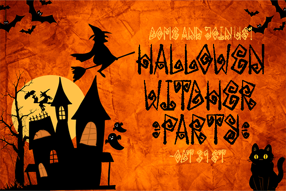 16 Gothic Fonts for Halloween Invitations That Look Stunning 16 Halloween invitation featuring a witch on a broomstick, spooky house, and bats.