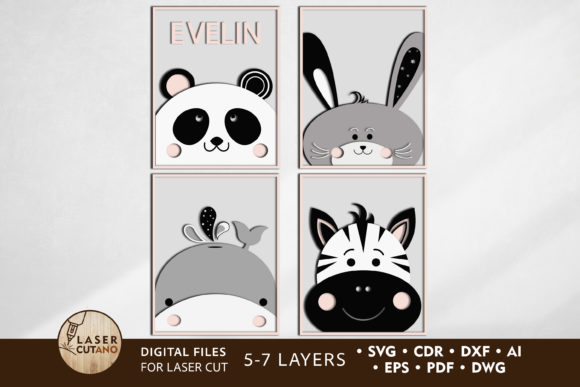 Wooden Laser Cut Gift Ideas: 26 Amazing Personalized Project 15 Four animal-themed wooden laser cut designs featuring a panda, rabbit, whale, and zebra with the name 'EVELIN'.