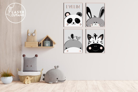 Wooden Laser Cut Gift Ideas: 26 Amazing Personalized Project 16 Four framed animal illustrations featuring a panda, rabbit, hippo, and zebra on a wall.