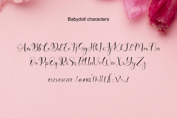 16 Handwritten Fonts for Commercial Use That Look Professional 21 Stylized handwritten font characters of Babydoll on a pink background with flowers.