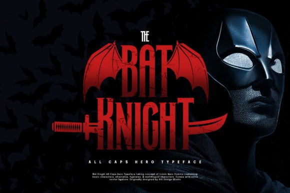 Halloween Fonts: 44 Best Picks for Cards, Signs & Cricut 83 Bat Knight font design featuring a superhero theme with bats and a sword.