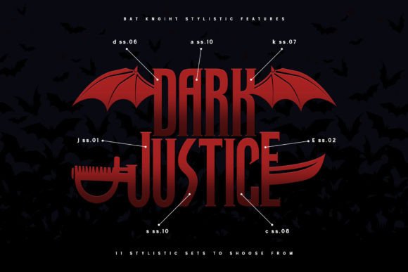 Halloween Fonts: 44 Best Picks for Cards, Signs & Cricut 84 Stylized text 'Dark Justice' with bat wings and design elements.