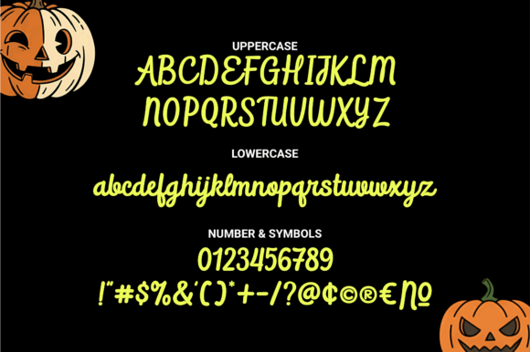34 Best Halloween Fonts for Cricut Projects to Sell 42 Playful Halloween font showcasing uppercase, lowercase, numbers, and symbols with a pumpkin illustration.