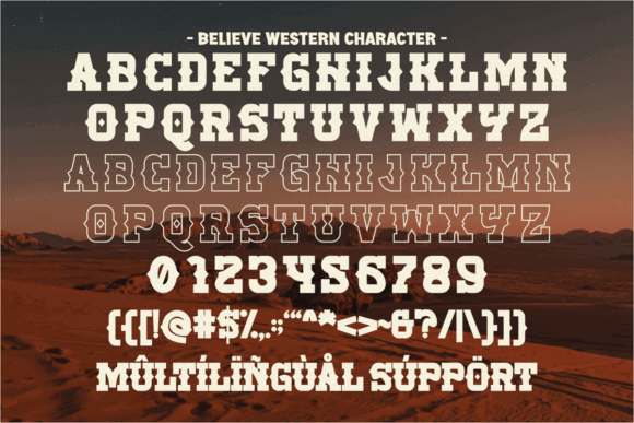 20 Bold Slab Serif Fonts: Powerful Logo & Headline Picks 26 Believe Western font character set showcasing letters, numbers, and multilingual support.