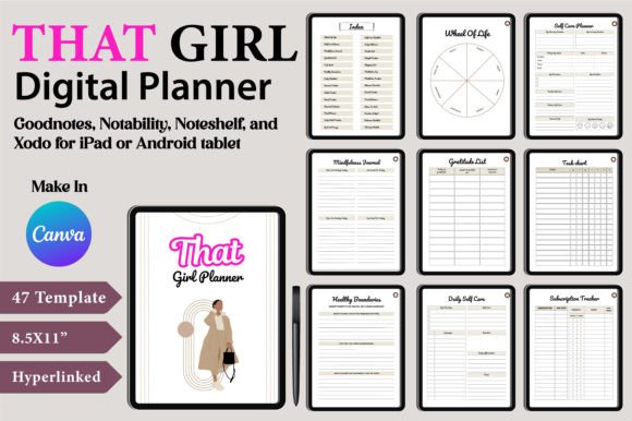 12 Best Digital Academic Planner Templates for Students 6 Digital planner template featuring various planning pages and sections for organization.