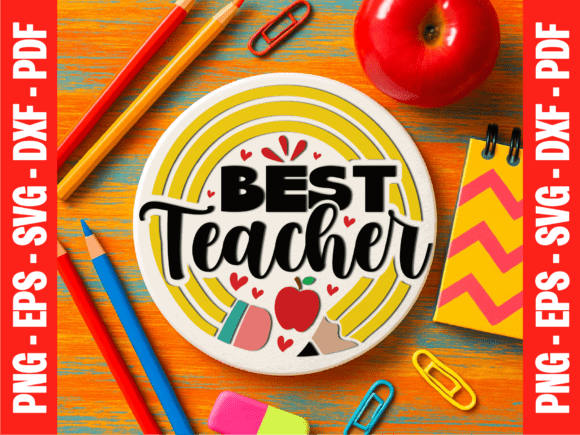 Laser Cut Teacher Appreciation Gifts: 45 Personalized Ideas 41 Colorful circular sign with 'Best Teacher' text and classroom icons on a wooden table.
