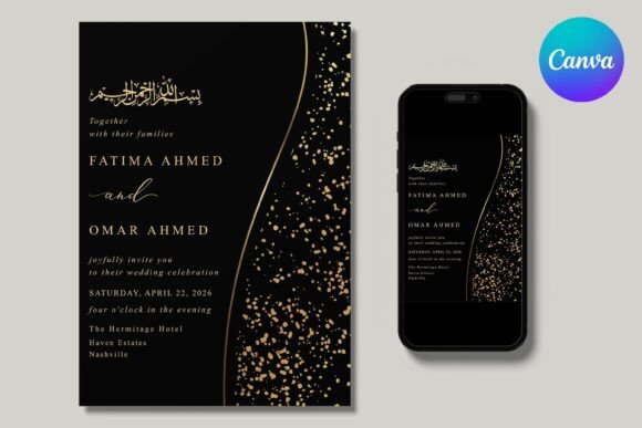 17 Wedding Invitation Template Ideas You Can Customize 15 Black and gold Islamic wedding invitation with elegant design and RSVP details.