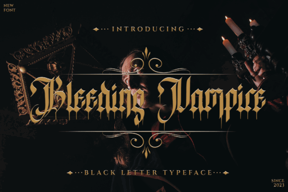 Halloween Fonts: 44 Best Picks for Cards, Signs & Cricut 80 Bleeding Vampire font displayed in an elegant gothic style with candles in the background.