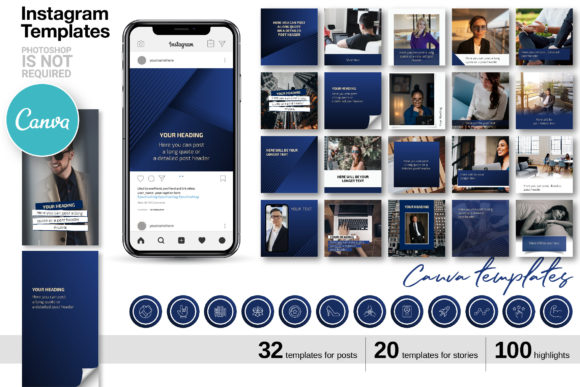 25 Instagram Story Templates: Gorgeous Designs You’ll Love 47 Blue CANVA Instagram Template Kit Graphics 29197515 1 1 580x387 1