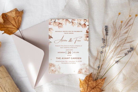 20 Canva Wedding Invitation Templates You Can Easily Edit 6 Floral wedding invitation with RSVP card and envelope on a textured background.