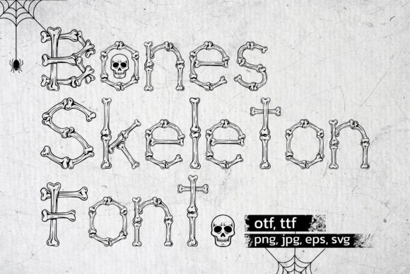 Halloween Fonts: 44 Best Picks for Cards, Signs & Cricut 72 Bones Skeleton font design featuring skeletal letters and decorative elements.