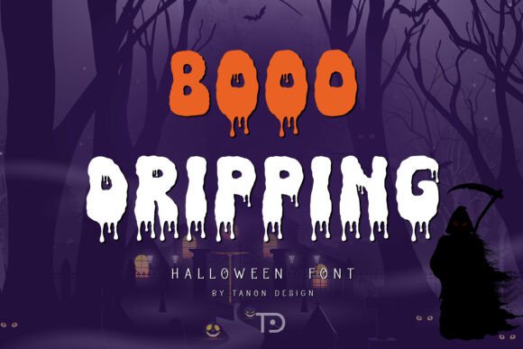 30 Best Halloween Fonts for Spooky Designs That Stand Out 50 Booo Dripping Halloween font with orange and white dripping letters against a spooky background.
