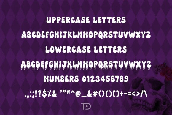 30 Best Halloween Fonts for Spooky Designs That Stand Out 51 Booo Dripping font showcasing uppercase and lowercase letters, numbers, and symbols on a purple background.
