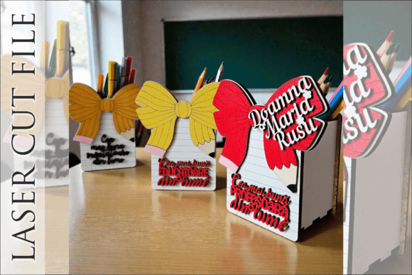 Wood Laser Cut Ideas: 45 Creative Projects Worth Making 4 Colorful bow pencil holders made from wood, displaying names and decorative elements.