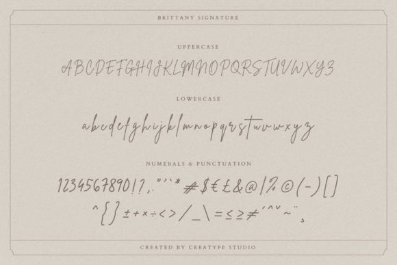 16 Soft Aesthetic Fonts: Beautiful Picks for Feminine Designs 17 Brittany Signature Script font showcasing uppercase and lowercase letters, numbers, and punctuation.