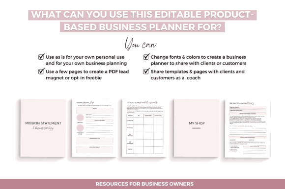5 Digital Planner Templates: Powerful Picks for Small Business 4 Editable product-based business planner templates with checklists and sections for mission statement and shop details.