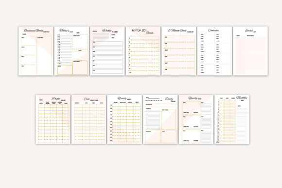 5 Digital Planner Templates: Powerful Picks for Small Business 12 Various pages of a business planner template featuring sections for planning and tracking tasks.
