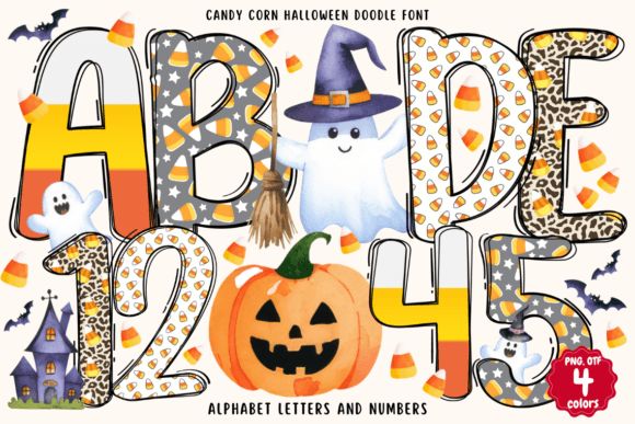 13 Best Halloween Color Fonts for Posters and Flyers 10 Colorful Halloween Doodle font featuring letters, a ghost, pumpkin, and candy corn.