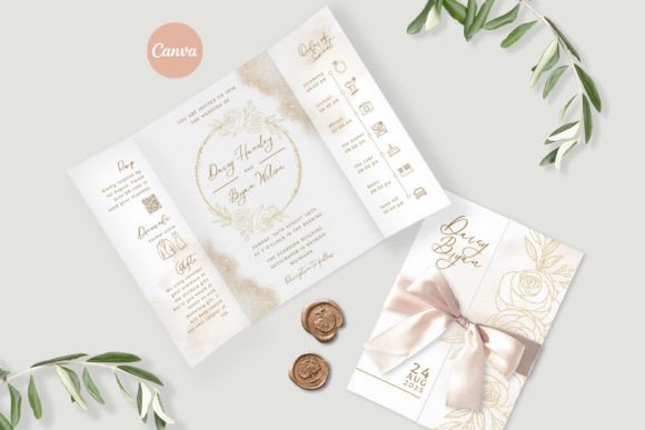 20 Canva Wedding Invitation Templates You Can Easily Edit 12 Elegant gatefold wedding invitation with floral design and ribbon.