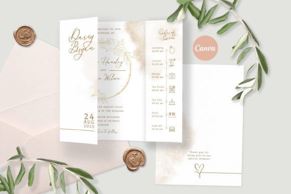 20 Canva Wedding Invitation Templates You Can Easily Edit 13 Elegant gatefold wedding invitation with floral design and RSVP card.
