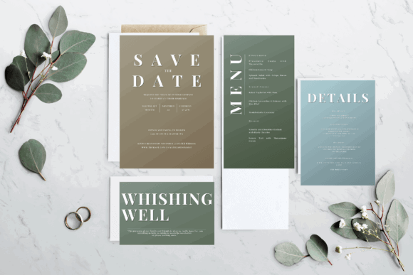 14 Editable Wedding Invitation Templates for Modern Couples 11 Minimal wedding invitation suite with save the date, menu, and details cards on a marble surface.