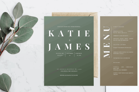 20 Canva Wedding Invitation Templates You Can Easily Edit 10 Minimalist wedding invitation and menu card with green and beige colors.