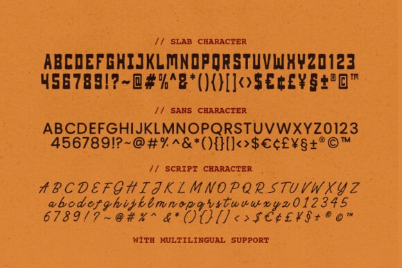 18 Best Slab Serif Display Fonts for Bold Headlines 33 Slab serif font character set showcasing uppercase letters, numbers, and symbols on an orange background.