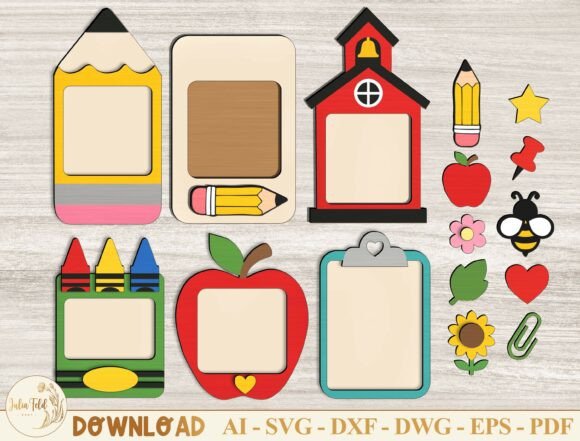 Laser Cut Teacher Appreciation Gifts: 45 Personalized Ideas 10 Colorful laser cut classroom note holders in various shapes including a pencil, apple, and schoolhouse.