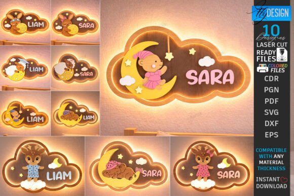 Wood Laser Cut Ideas: 45 Creative Projects Worth Making 43 Colorful laser cut wooden name signs with cartoon designs for children.
