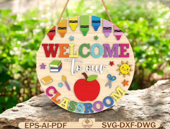 Laser Cut Teacher Appreciation Gifts: 45 Personalized Ideas 35 Colorful round classroom sign with crayons, books, and an apple design.