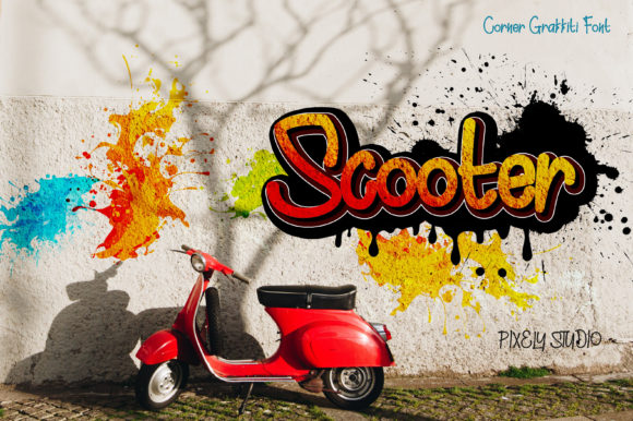 20 Best Graffiti Fonts for T-Shirt Design That Print Well 8 Colorful graffiti text 'Scooter' on a wall with a red scooter nearby.