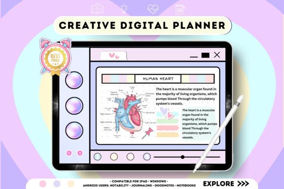 10 Best Aesthetic Digital Planner Templates for Goodnotes 8 Colorful digital planner interface displaying a human heart diagram and notes.