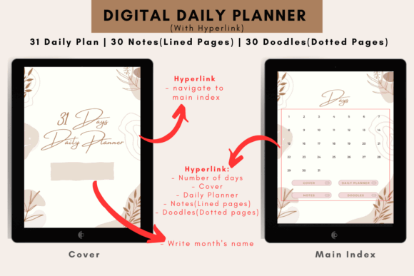 11 Daily Digital Planner Pages for Focused Planning 26 Digital daily planner cover and main index layout with hyperlinks.