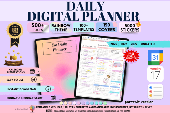 10 Best Digital Planner Templates for iPad Users 4 Daily digital planner template with colorful pages and stickers for iPad users.