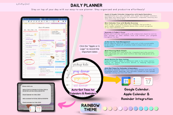 11 Daily Digital Planner Pages for Focused Planning 33 Colorful daily planner layout with sections for tasks and reminders.