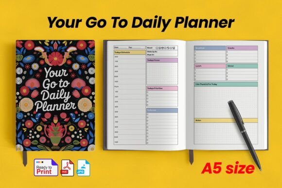 11 Daily Digital Planner Pages for Focused Planning 2 Colorful daily planner cover and open planner pages with time-blocking layout.
