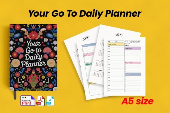 11 Daily Digital Planner Pages for Focused Planning 3 Colorful daily planner cover with floral design and printed planner pages for 2023.