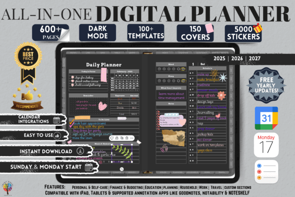 10 Best Digital Planner Templates for iPad Users 9 All-in-one digital planner showcasing dark mode design with various features and stickers.