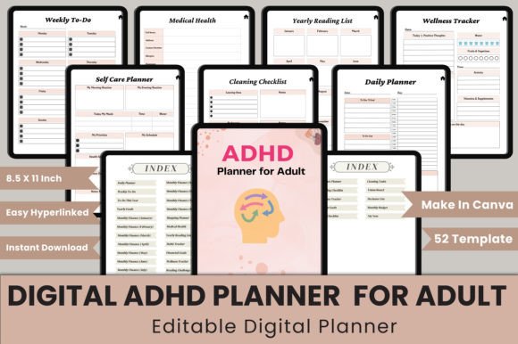 10 Best ADHD Planner Templates for Adults 17 Digital ADHD Planner for Adult Canva Graphics 89374071 1 1 580x386 1