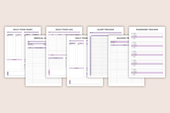 11 Daily Digital Planner Pages for Focused Planning 23 Various digital planner pages including food diary, sleep tracker, and password tracker.