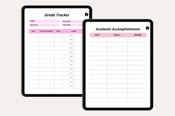 12 Best Digital Academic Planner Templates for Students 27 Digital academic planner pages showing a grade tracker and academic accomplishments table.
