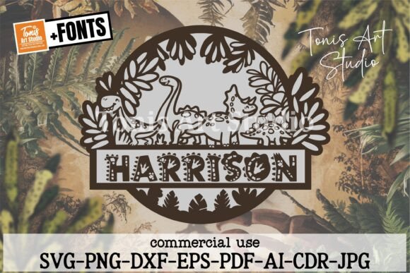 Wooden Laser Cut Gift Ideas: 26 Amazing Personalized Project 11 Personalized dinosaur name sign design with the name 'Harrison' and various dinosaur illustrations.