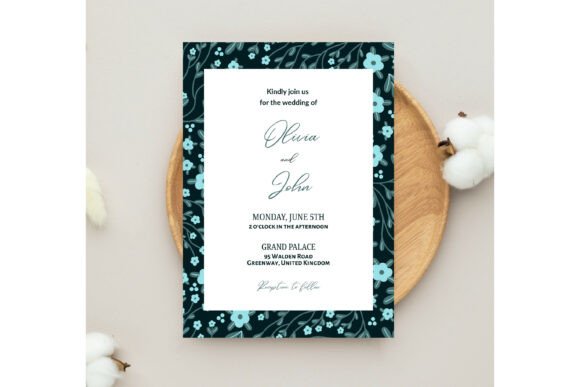 15 Wedding Invitation Template Ideas for Every Style 5 Floral wedding invitation with dark background and light blue flowers.