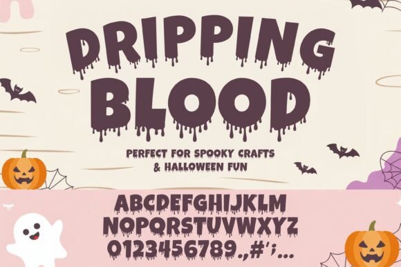 30 Best Halloween Fonts for Spooky Designs That Stand Out 42 Dripping Blood Halloween font showcasing thick, dripping letters with Halloween-themed decorations.